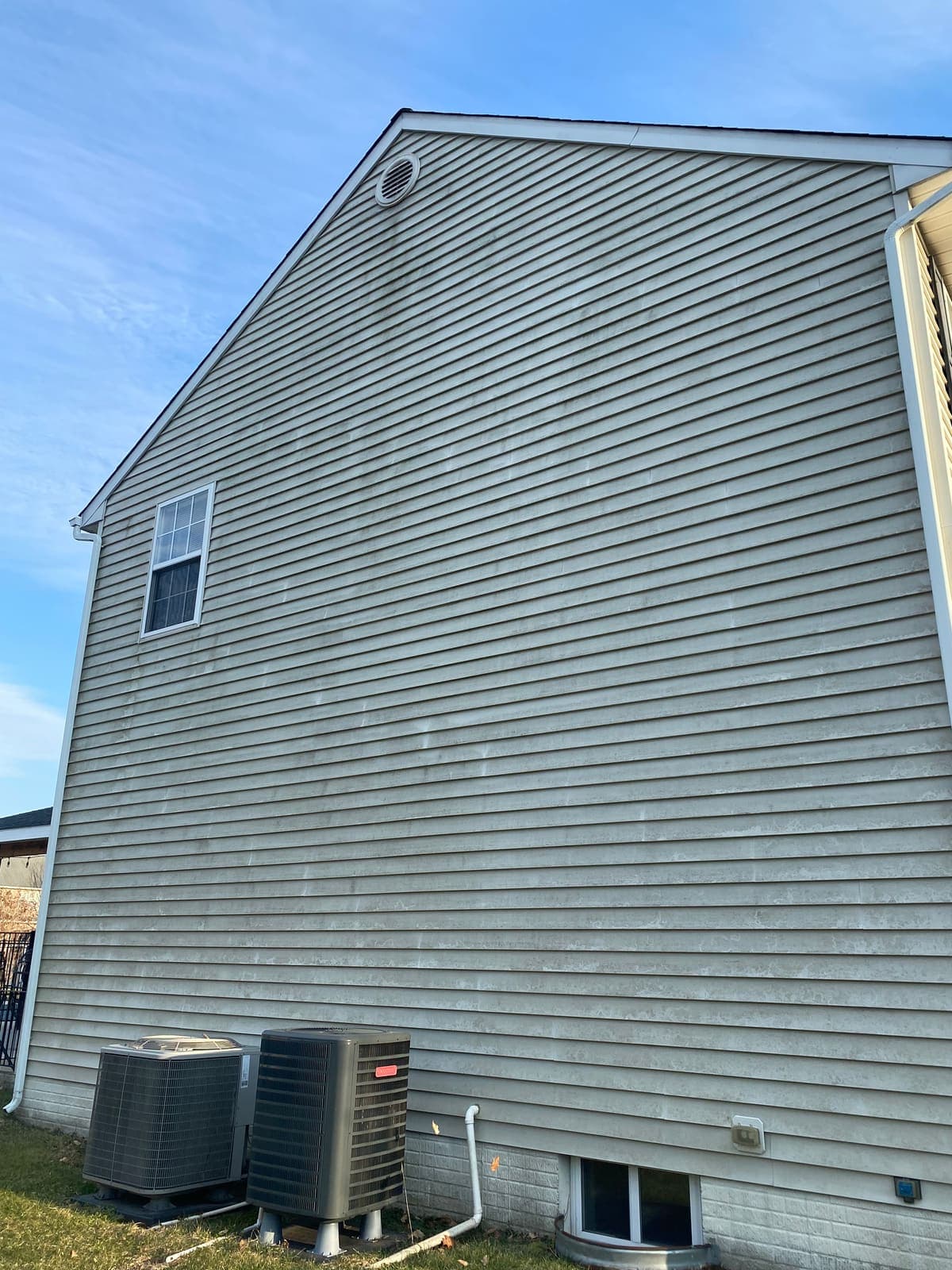 Blue-grey siding with algae growth before washing