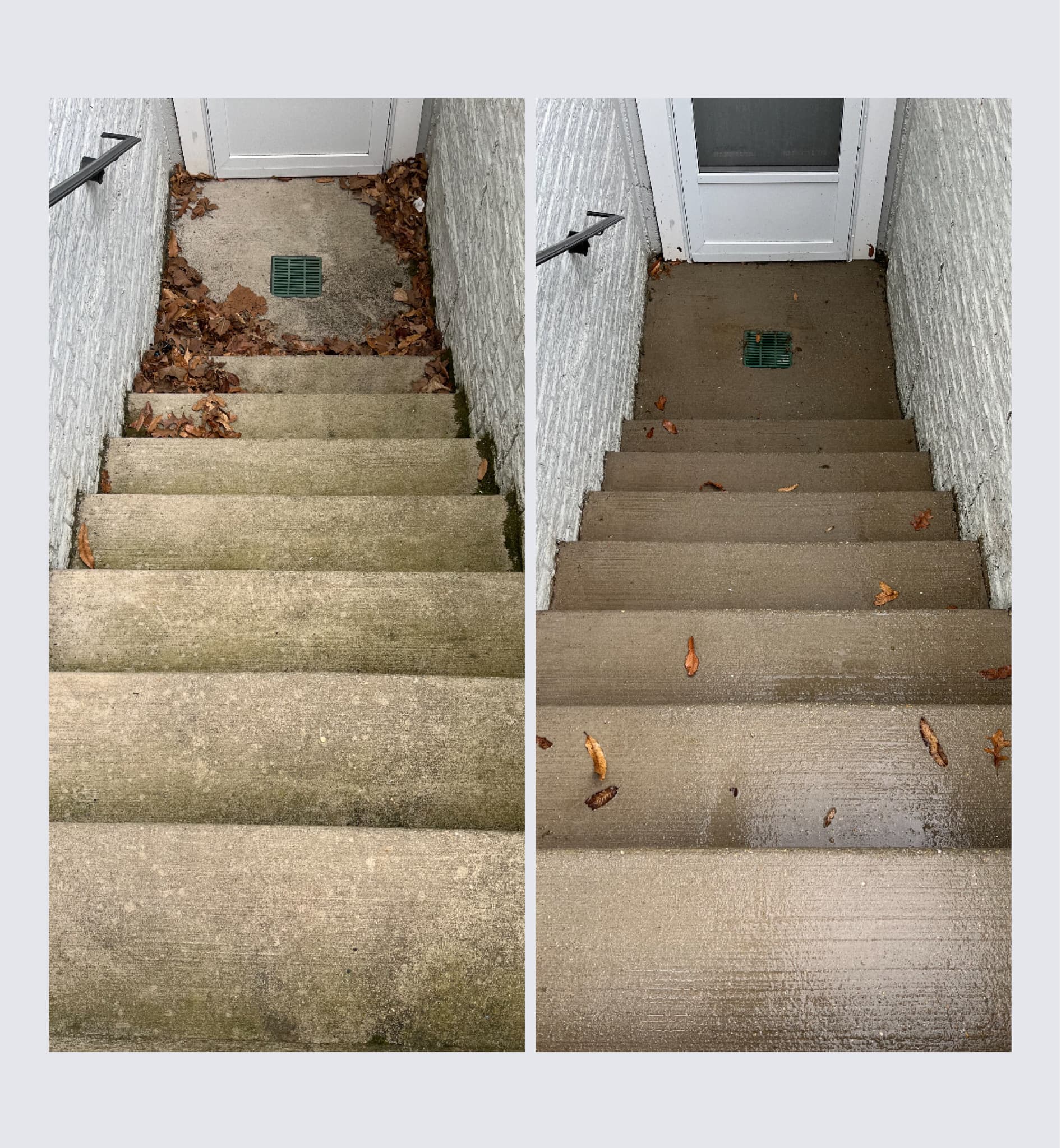 Before and after pressure washing of mossy concrete stairs at a Lower Mainland home