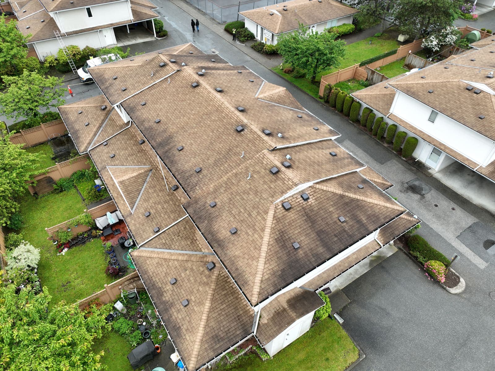 Drone view of heavy moss on a strata townhouse roof before treatment