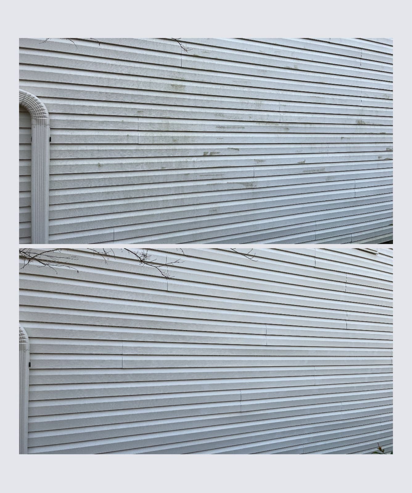 Dirt line along white siding before cleaning