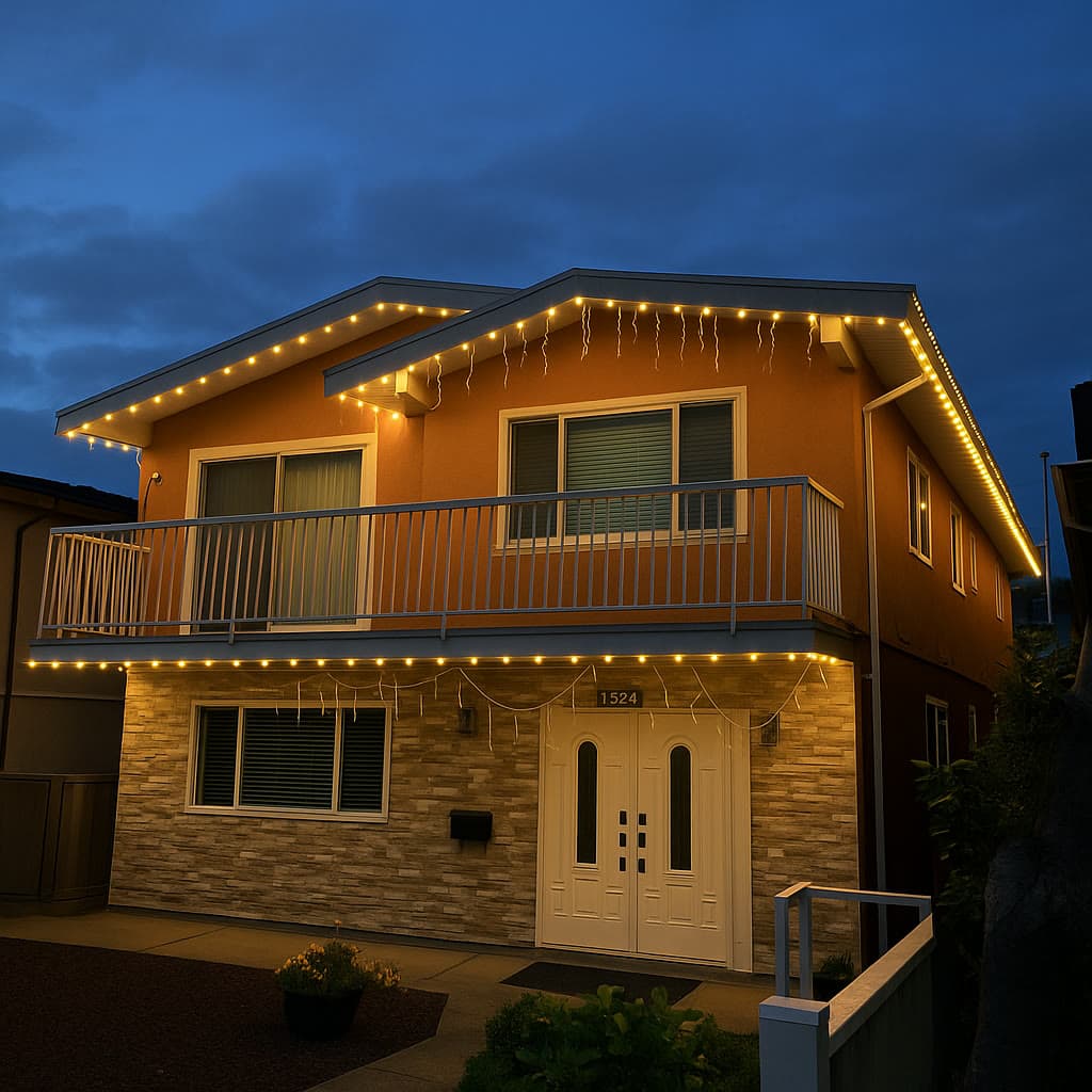 Home balcony and roofline traced in warm-white permanent LED lights at dusk