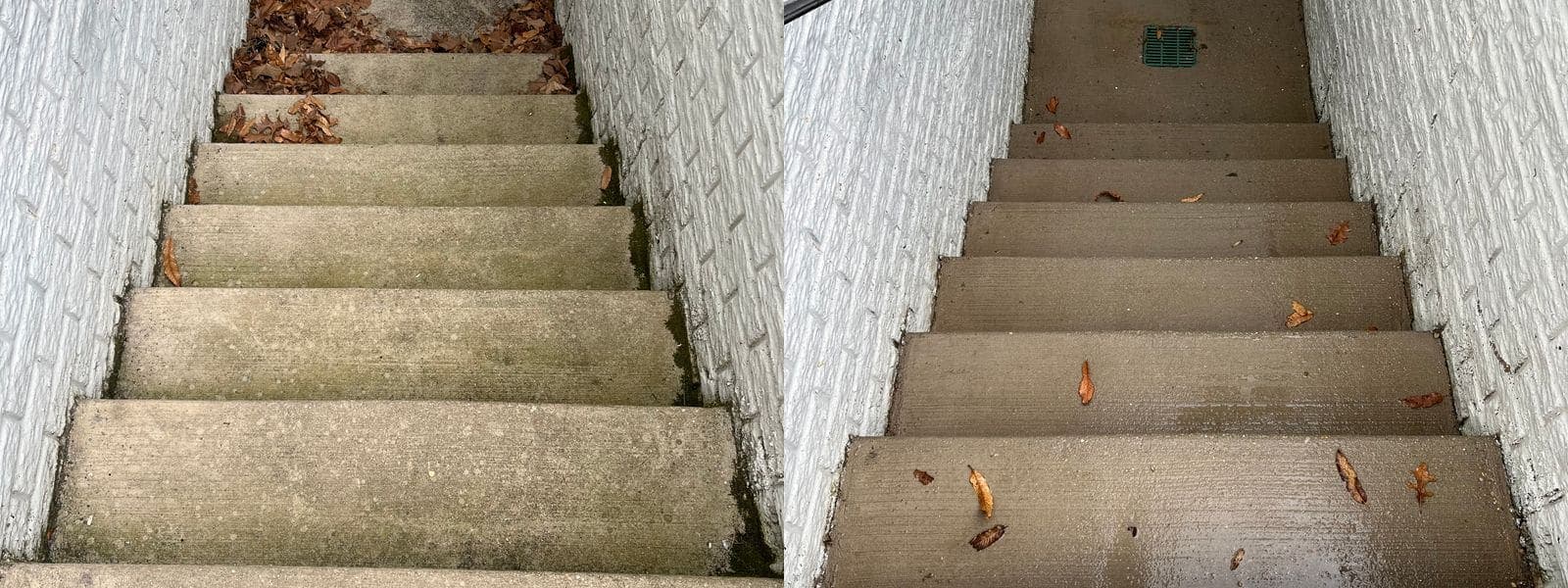 Before and after pressure washing a leaf-covered mossy concrete stairwell