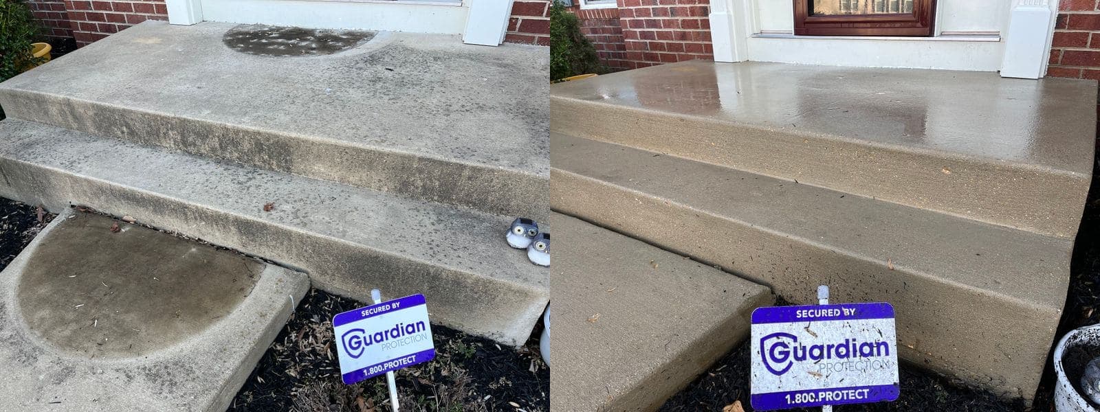 Before and after pressure washing dirty concrete front porch steps