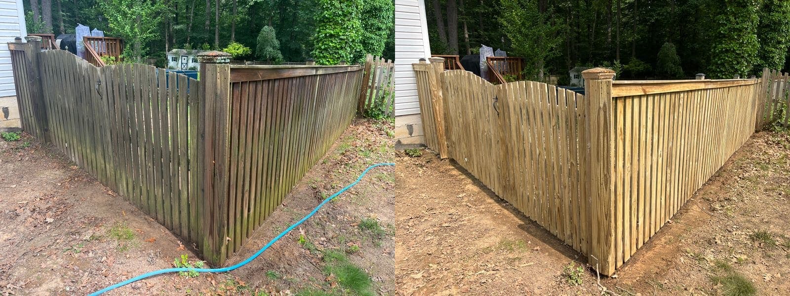 Before and after wood fence cleaning, dark weathered pickets restored to fresh cedar tone