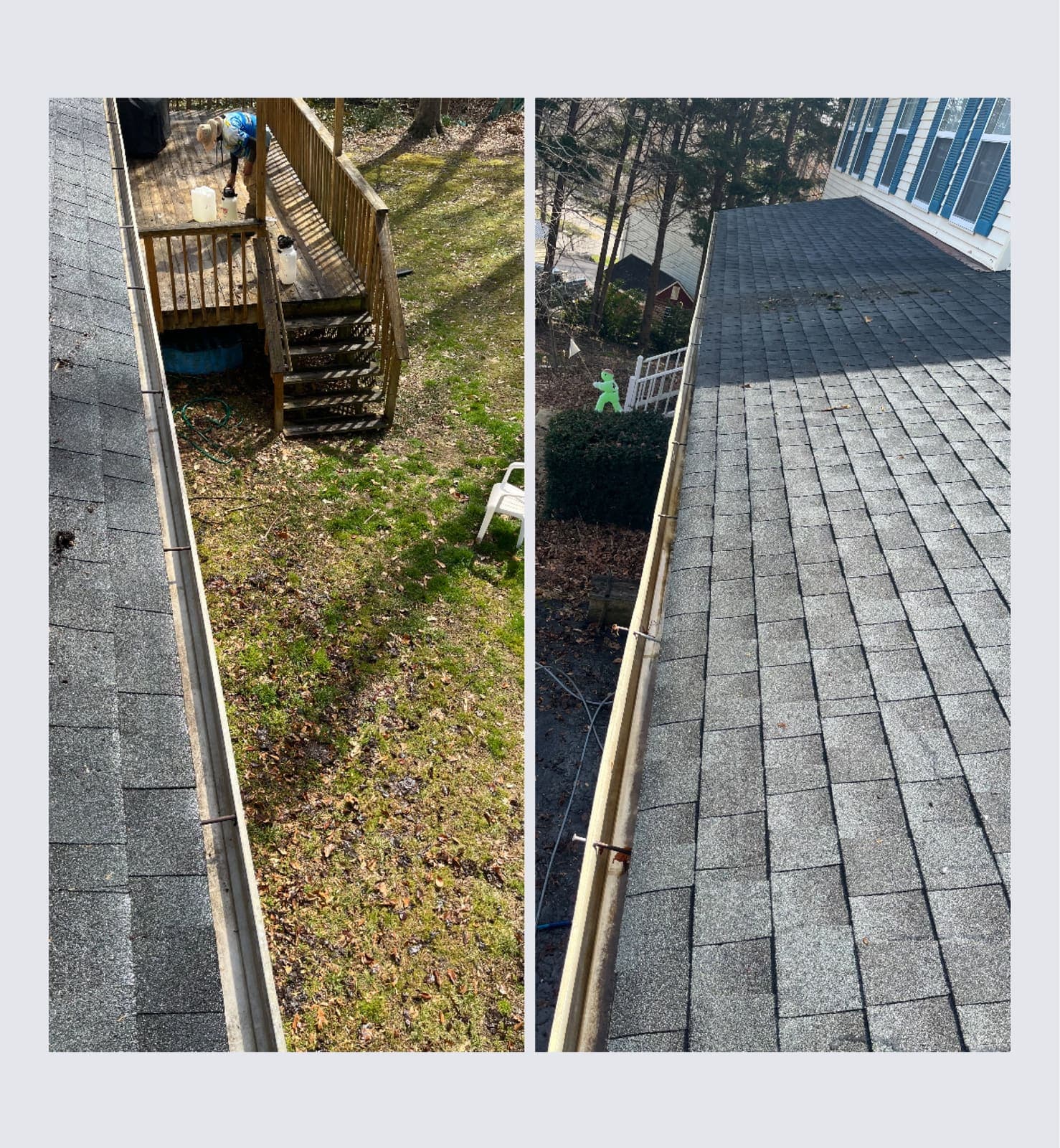 Gutter overflowing with leaves and debris on a Lower Mainland roofline — exactly what leaf filters prevent