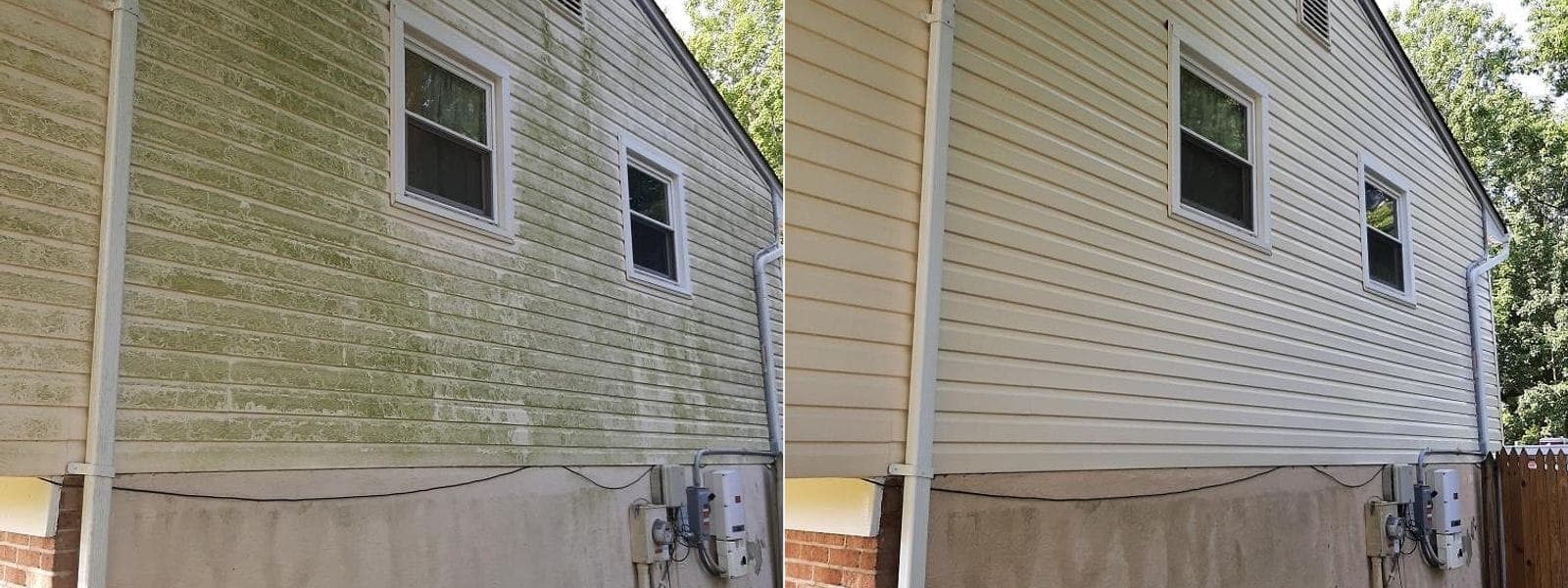 Before and after house washing: green algae removed from vinyl siding on a Lower Mainland home