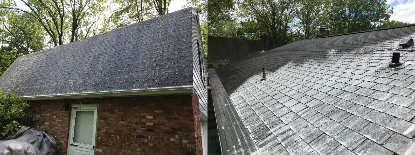 Before and after roof cleaning: shingles blackened by algae, then the same roof during soft-wash treatment