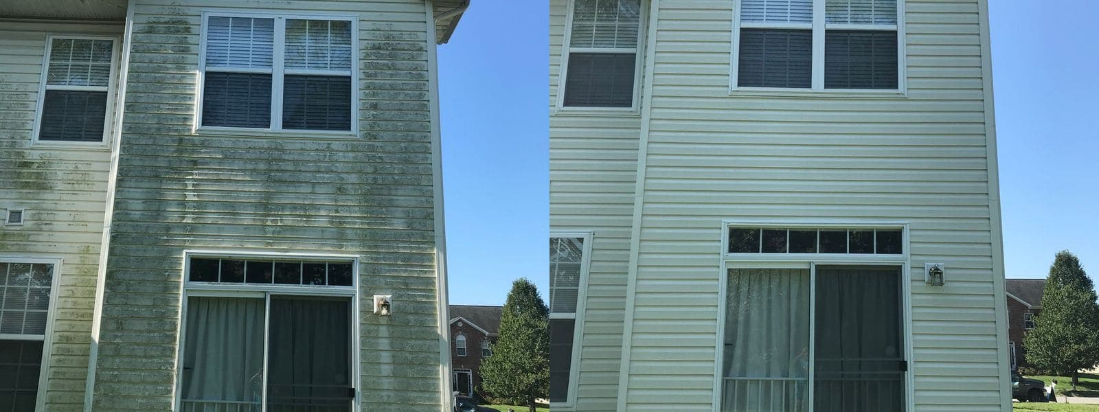 Before and after cleaning green algae from townhouse siding