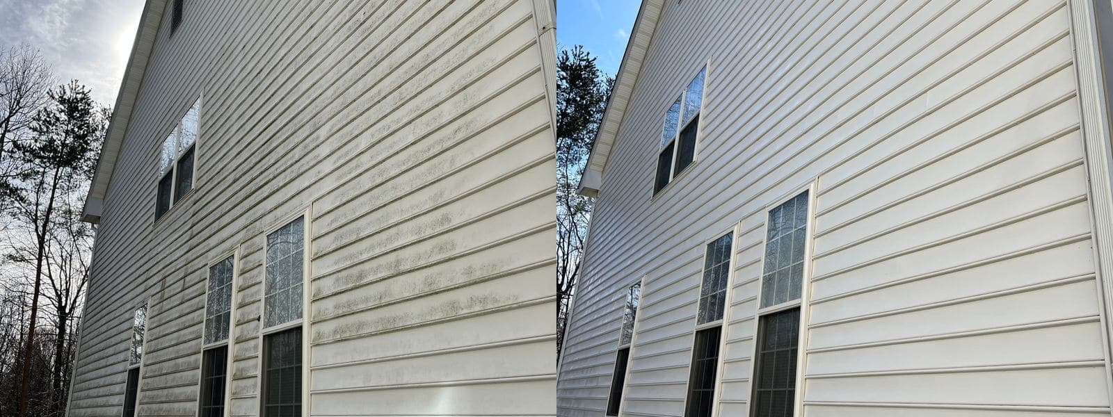 Before and after winter house washing, grime removed from tall siding wall